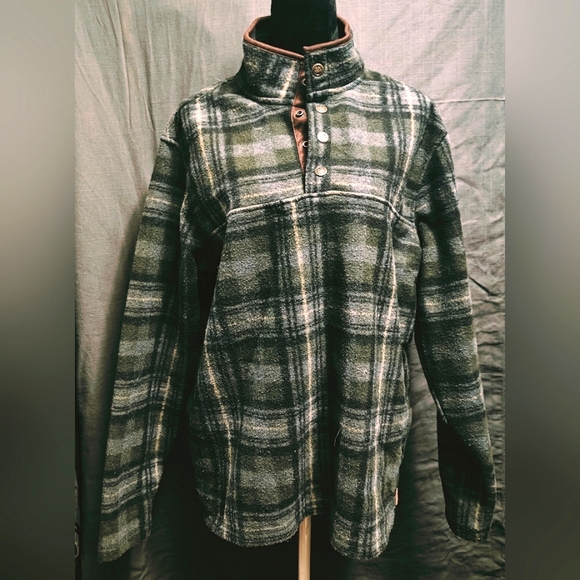John Wayne Green Flannel Suede Trim Fleece Overshirt Sz L - Picture 1 of 5